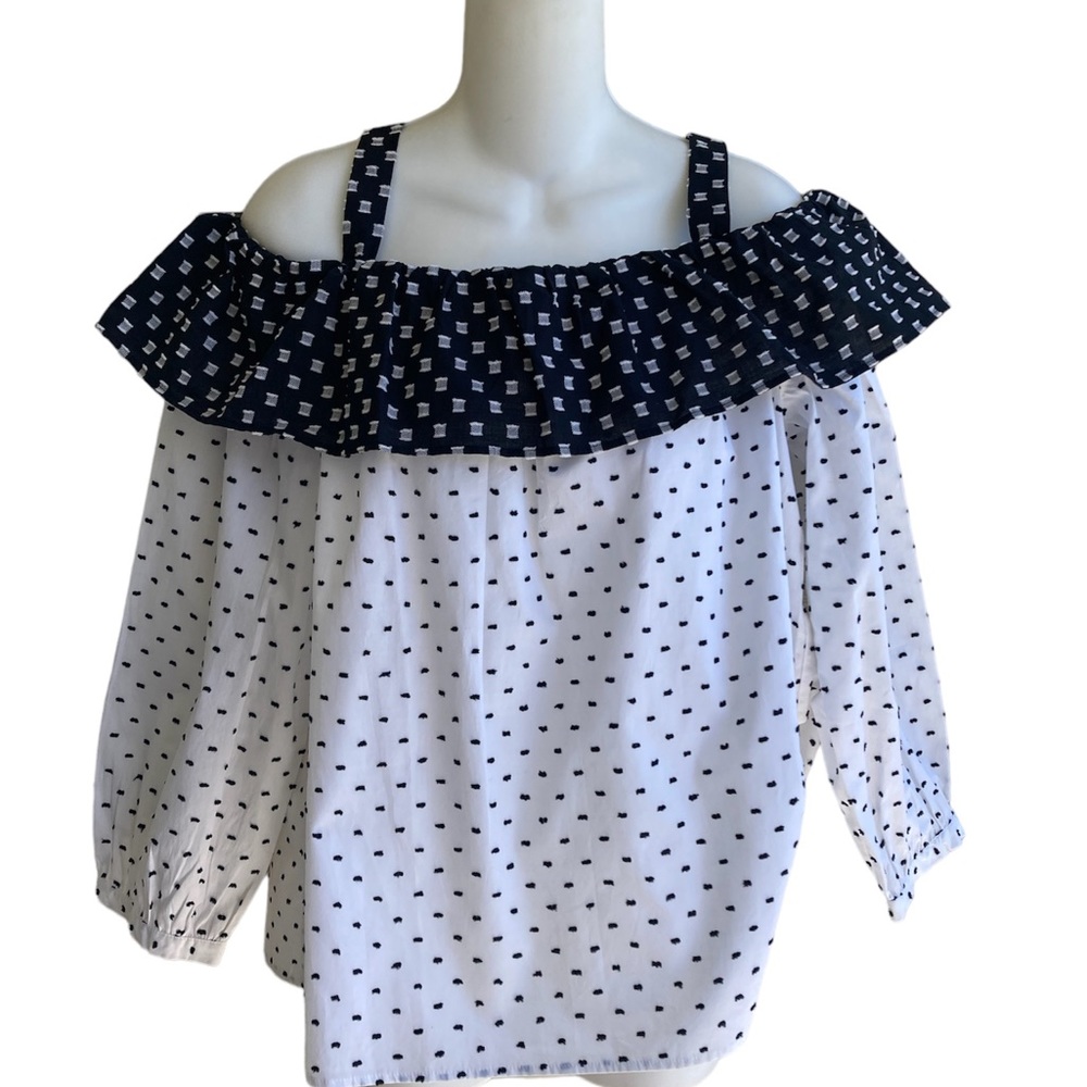 NWT Loft S or M Off the Shoulder Top Black White 3/4 Sleeves 100% Cotton - Picture 3 of 5